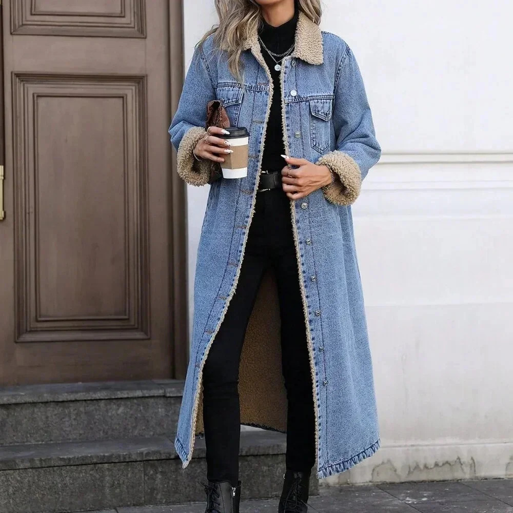 Blue Casual Women's Trendy Fleece-Lined Long Denim Jacket - Picture 4 of 7